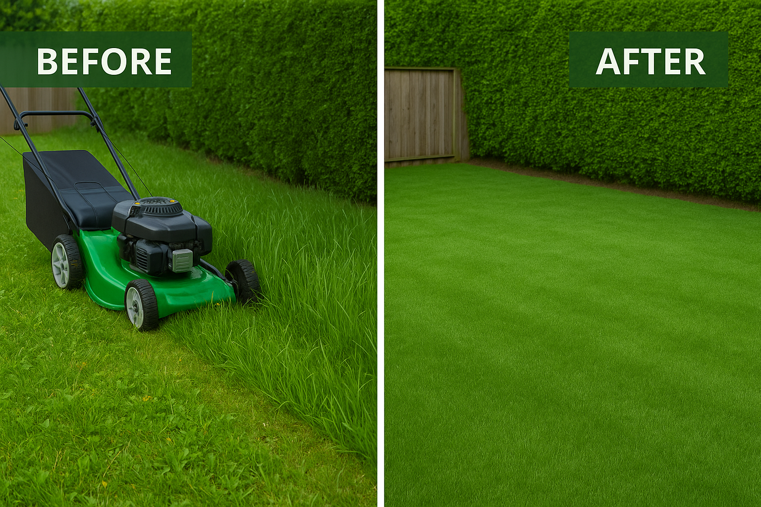 Before and after lawn mow with mower cutting along the edge
