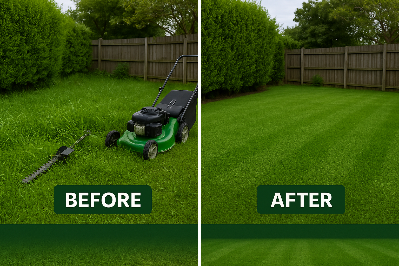 Before and after lawn with clothesline and path