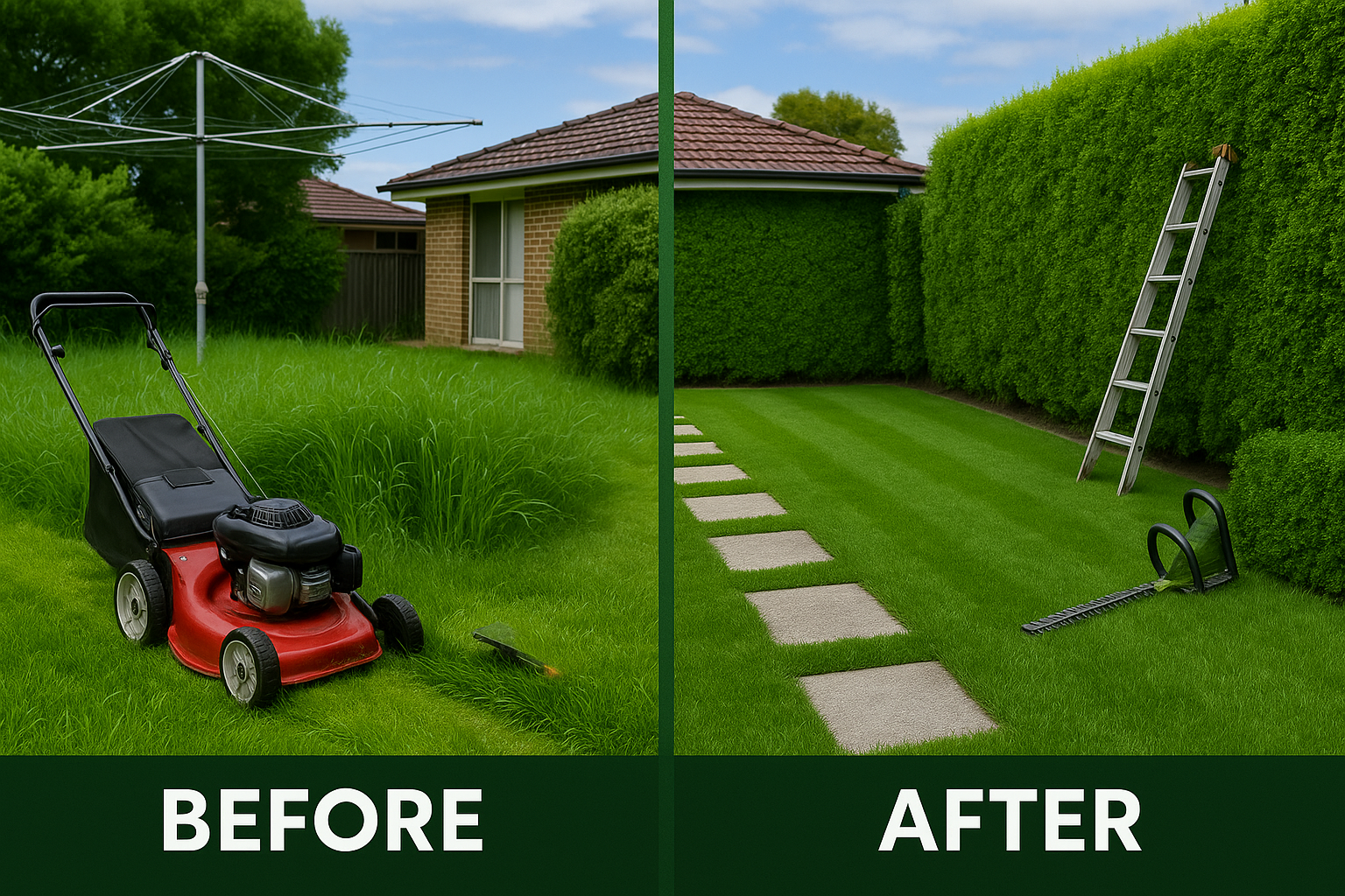 Before and after lawn with clothesline, hedge, ladder and trimmer